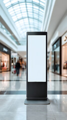 Blank Advertisement Display in Shopping Mall: Capturing the essence of modern retail, a sleek, blank advertising display stands prominently within a bustling shopping mall.