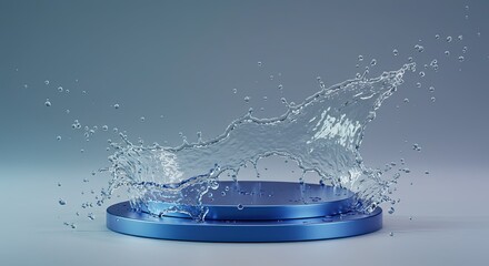 Dynamic splash of water on a blue platform conveys freshness and purity showcasing natural element