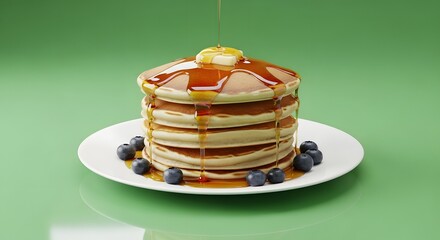A stack of fluffy pancakes topped with syrup and fresh blueberries on a white plate against a green background