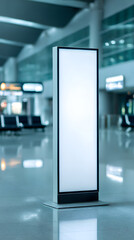 Blank Display Board: A sleek, illuminated display board stands prominently within the spacious expanse of a modern airport, its blank surface ready to convey information or advertisements.