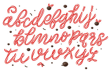 Christmas candy cane 3d alphabet isolated on white background. Decorative vector font for Winter Holidays and New Year. Vector illustration.