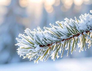 Close-Up of Snow and Frost on a Pine Branch Illuminated by Soft Winter Sunlight, Capturing Natural Ice Crystals, Seasonal Atmosphere, and Serene Cold Weather Scenery