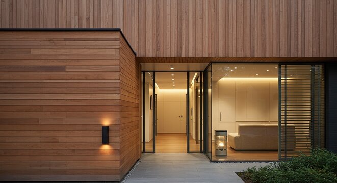 Modern house exterior showcasing wood cladding, glass windows, and minimalist design elements