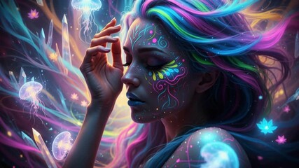 A serene woman with rainbow hair and neon face paint floats in a psychedelic dreamscape, surrounded by glowing jellyfish, crystals, and lotus blooms - Powered by Adobe