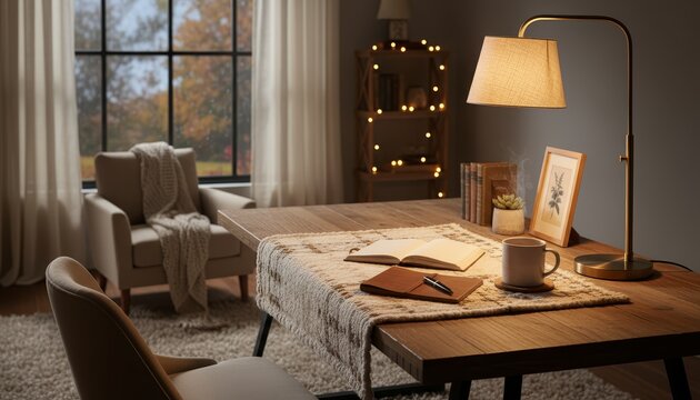 Cozy workspace with warm lamp and wooden desk