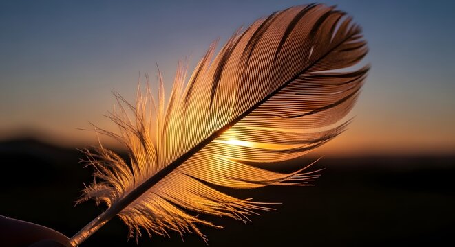 Close-up of a delicate feather illuminated by the warm glow of a sunset against a blurred landscape background - Powered by Adobe