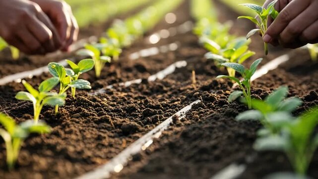 Hands carefully planting young seedlings in rich soil, symbolizing growth and new beginnings in agriculture.