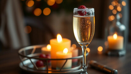 Sparkling beverage in a glass garnished with raspberries, surrounded by candles and warm lights, perfect for celebrations and festive occasions.