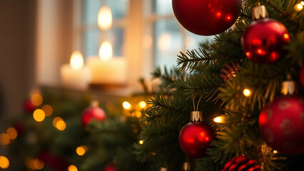 Close-up of a Christmas tree adorned with red decorations and warm lights, creating a cozy holiday atmosphere with candles in the background.
