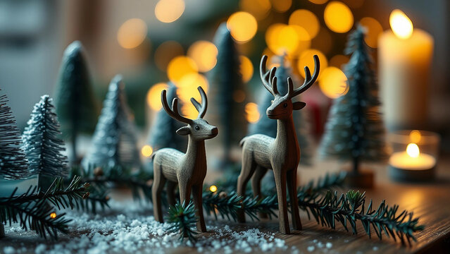 A festive holiday scene featuring wooden reindeer surrounded by fir trees and soft lighting, perfect for Christmas decor and celebrations.