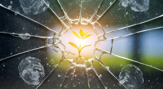 A small plant sprout emerging through a shattered glass surface with sunlight shining behind it, symbolizing growth and resilience in challenging conditions