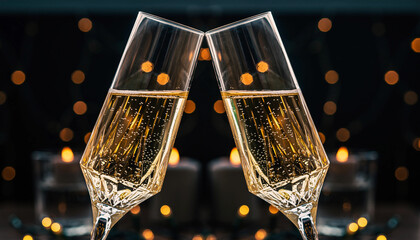 Two champagne flutes clinking together with bubbles, creating a celebratory mood. Perfect for events, parties, or toasting on special occasions.