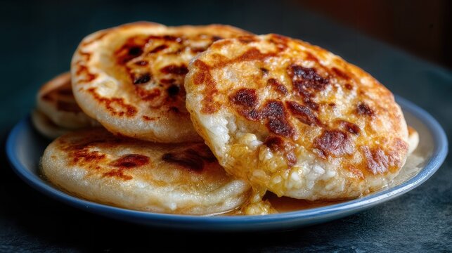 Golden-brown pancakes stacked on a plate, tempting viewers with their warm texture and delicious presentation. A feast for the eyes and a promise of a tasty treat