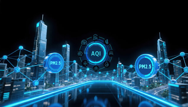 Smart city air quality monitoring system displays AQI and PM2.5 levels, showcasing futuristic urban environment with advanced technology