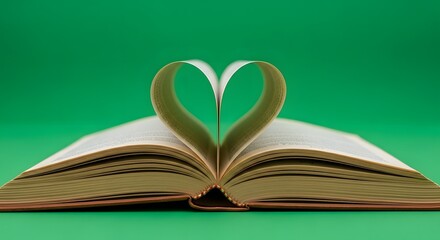An open book with pages folded to form a heart shape on a vibrant green background, symbolizing love for reading and literature