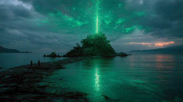 A glowing green energy hologram floats above a dark futuristic surface, projecting swirling light patterns and eco-tech symbols. The holographic display radiates clean-power aesthetics, blending renew