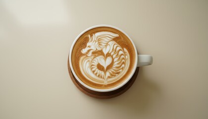 Dragon latte art design in a coffee cup top view