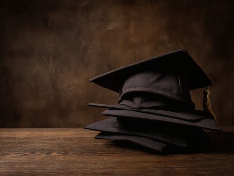 scholar. Stacked graduation caps symbolizing academic success, softly lit with a warm and nostalgic ambiance. event programs.