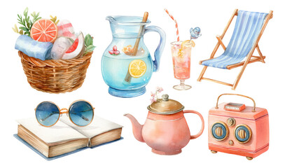 Vibrant Watercolor Collection of Summer-Related Objects on a Transparent Background