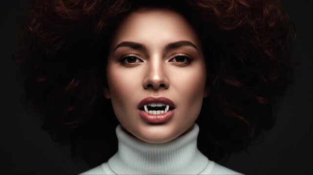Red-Haired Vampire Woman in White Turtleneck Showing Fangs Close-Up on Dark Gray Background