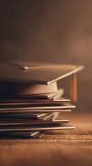 scholar. Stacked graduation caps symbolizing academic success, softly lit with a warm and nostalgic ambiance. event programs.