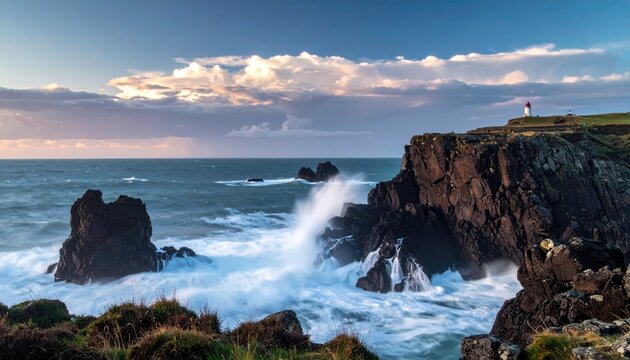 Coastal scene shows crashing waves against jagged rocks and a cliffside with a lighthouse under a dramatic, cloudy sky - Powered by Adobe