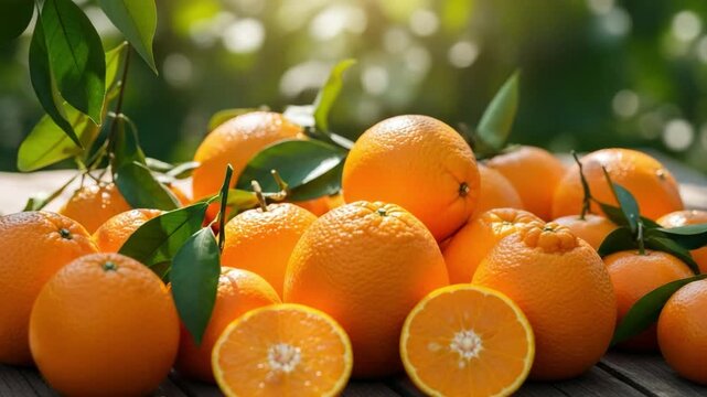 Sun-kissed oranges glistening on weathered wood, a vibrant harvest ready for juice or zest