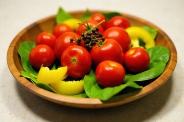 Artful Arrangement of Fresh Ingredients on a Rustic Wooden Plate Overhead view of a rustic wooden plate laden with a vibrant, artful arrangement of fresh, colorful raw ingredients. Include bright red