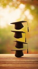 scholar. Stacked graduation caps symbolizing academic success, softly lit with a warm and nostalgic ambiance. event programs.