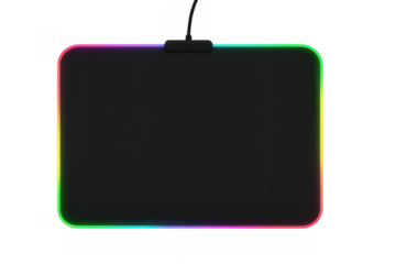 Rgb led gaming mouse pad, featuring vibrant illuminated edges and a sleek black surface, isolated on a transparent background
