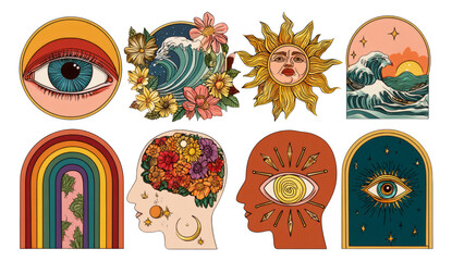 Fototapeta premium Colorful Illustrations of Nature, Eye, Sun, and Floral Elements in Unique Styles