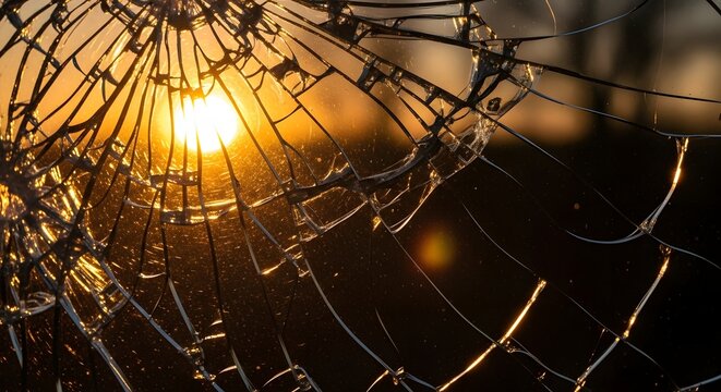 Close-up of a spider web with dew droplets illuminated by the warm glow of the setting sun during twilight