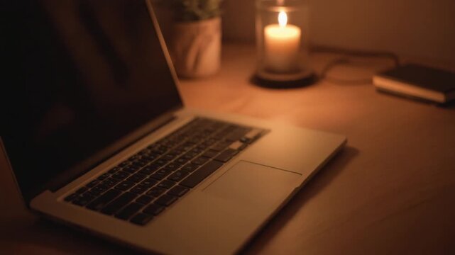 Laptop and candle on a warm toned desk for evening work