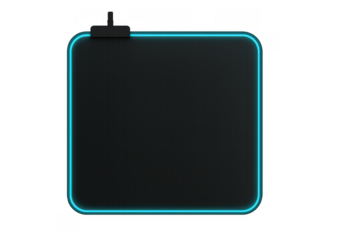Black gaming mouse pad with glowing neon blue led light strip, modern computer accessory for e-sport and gamer setup