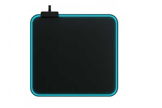 Black gaming mouse pad with glowing neon blue led light strip, modern computer accessory for e-sport and gamer setup