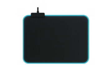 Gaming mouse pad with turquoise led lighting around the edges, enhancing a computer setup. Transparent background