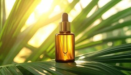 Amber glass dropper bottle centered on glossy green palm frond with diffused golden sunlight background