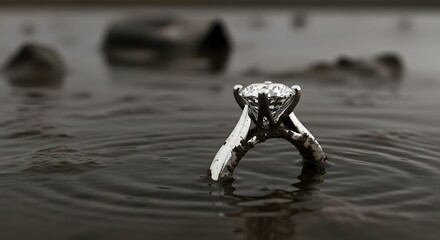 A silver ring with a large, sparkling gemstone submerged in water, creating ripples and reflections on the surface, evoking themes of love, commitment, and serenity