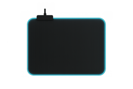 Gaming mouse pad with turquoise led lighting around the edges, enhancing a computer setup. Transparent background