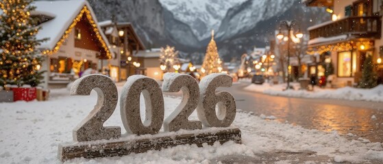 Snowy alpine village with festive decorations and 2026 sculpture in winter wonderland christmas scene