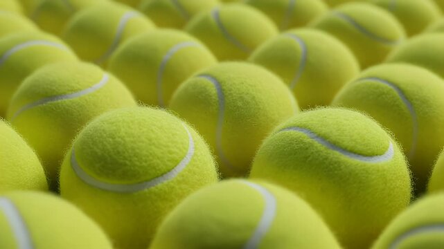 Close up of many tennis balls in a row.