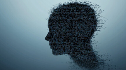 A human silhouette gradually dissolving into streams of digital code, symbolizing the merging of humanity and technology. The figure appears semi-transparent, transitioning into glowing data lines and