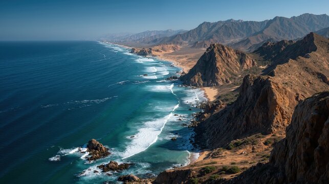 Stunning coastal view with rocky mountains and sparkling blue ocean waves