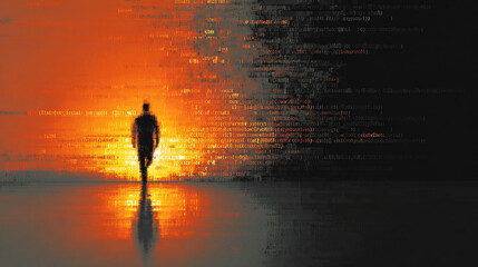 A human silhouette gradually dissolving into streams of digital code, symbolizing the merging of humanity and technology. The figure appears semi-transparent, transitioning into glowing data lines and