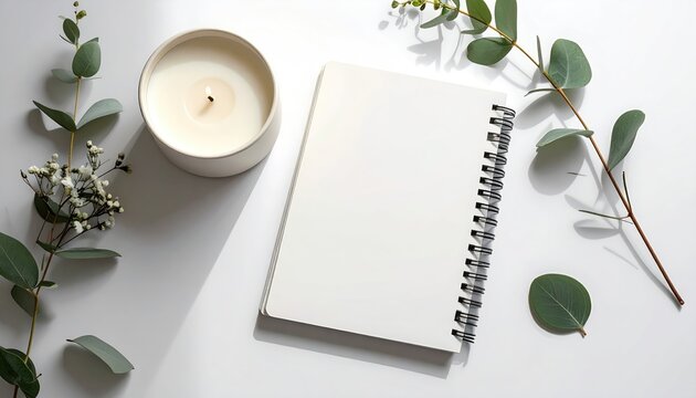 Overhead shot of a lit candle, blank notepad, and sprigs of eucalyptus and delicate white flowers on a white surface, bathed in sunlight