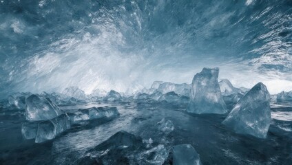 Serene Ice Cave Landscape with Crystal Clear Ice Formations.