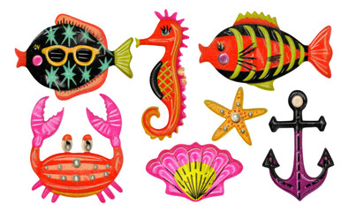 Colorful Marine Life Illustrations with Fish, Seahorse, Crab, Starfish, and Anchor
