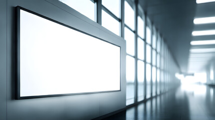 Billboard in Modern Hallway: A blank billboard takes center stage in a sleek, modern hallway, hinting at limitless possibilities for advertisement and information.