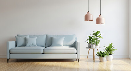 Minimalist living room interior with sofa, plants, and pendant lights in a bright space