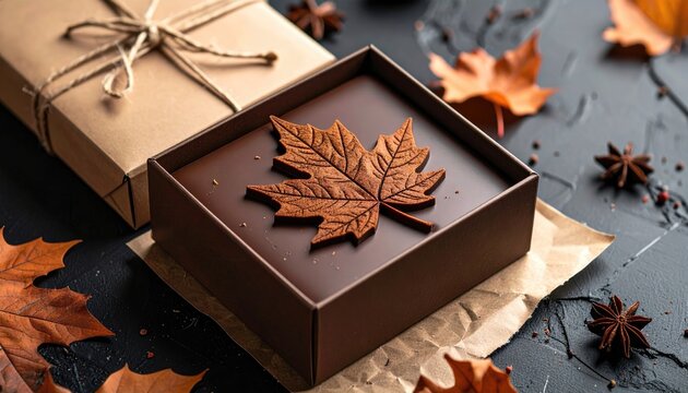 A square chocolate confection with a maple leaf detail, resting in a box on a textured surface, surrounded by fall elements